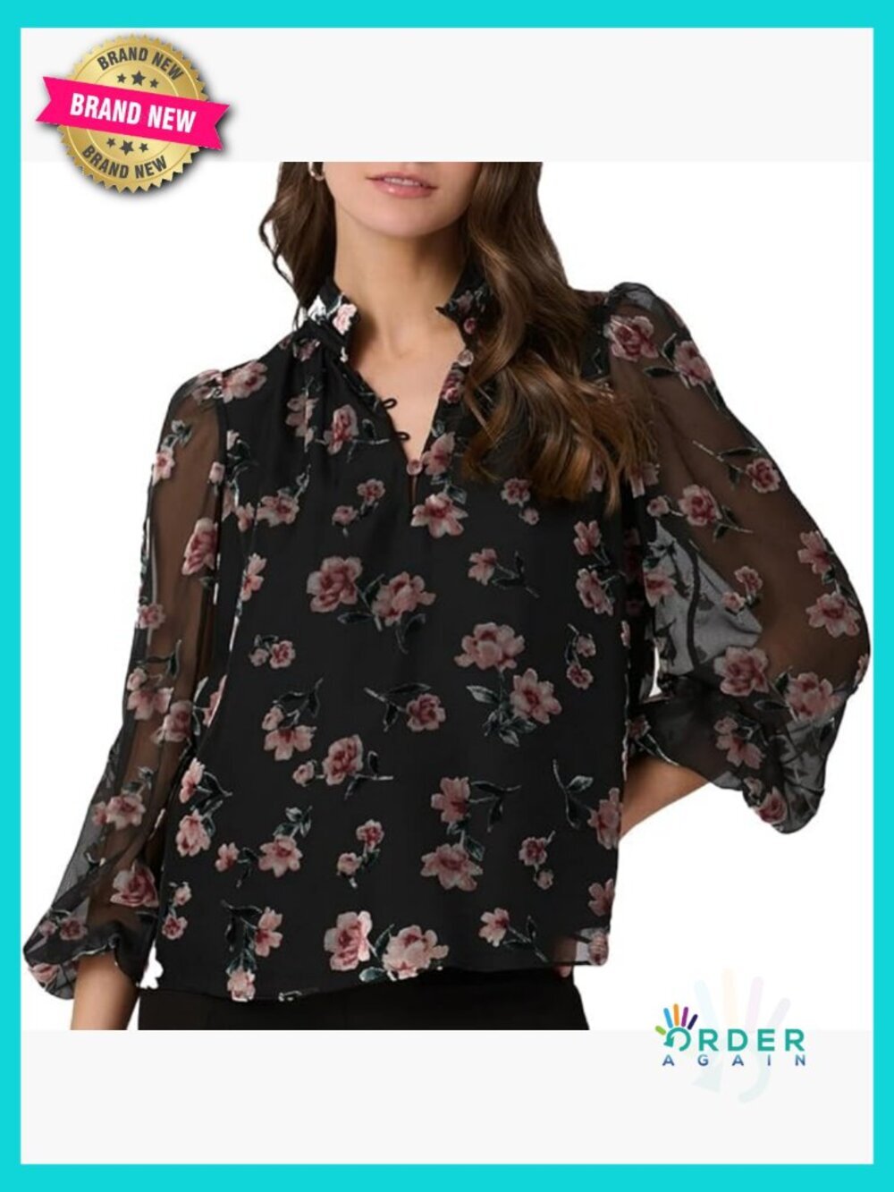 Floral Burnout Velvet Blouse Classic Fit Mock Neck 3/4 Sleeve Chic Elegant